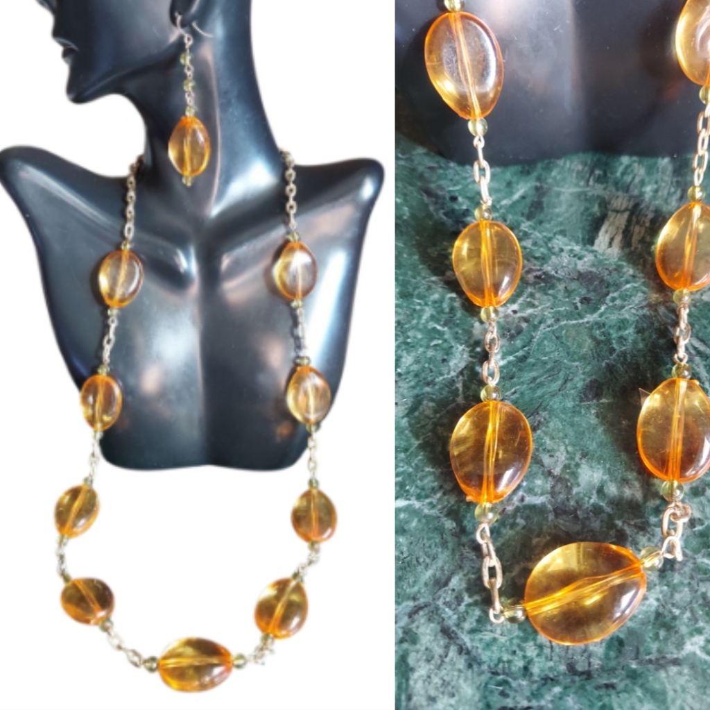 S336 Chunky Beaded Orange Green On Gold Necklace Earring Jewelry Set 10$